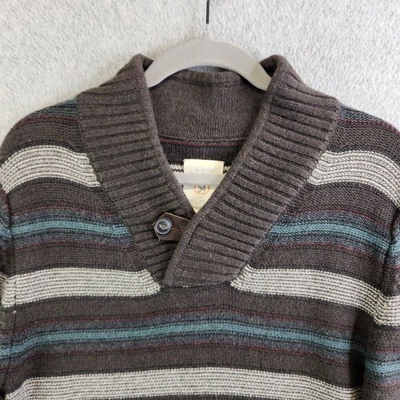 Fossil Sweater Mens M Brown Striped Shawl Collar Pullover Ribbed Knit Grandpa - Picture 2 of 16